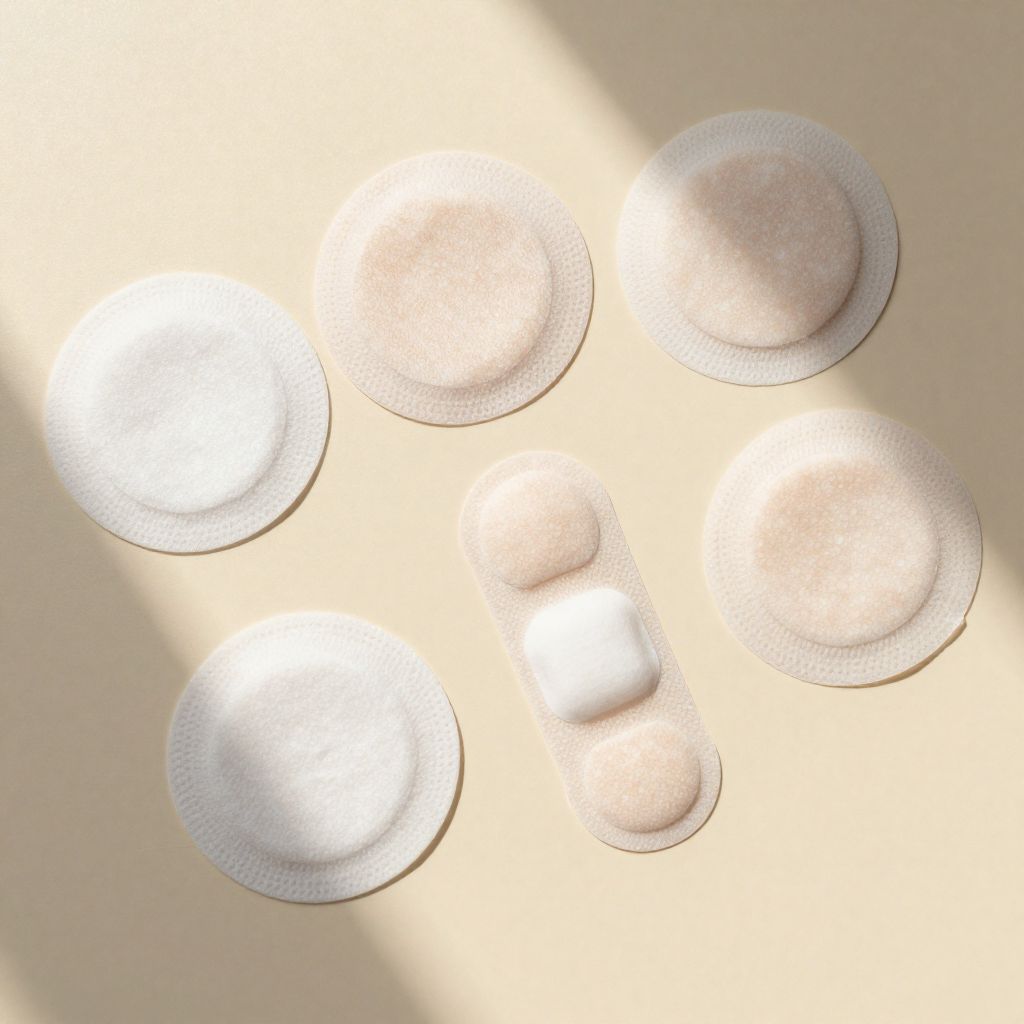 Sheets of round hydrocolloid acne patches on a cream background